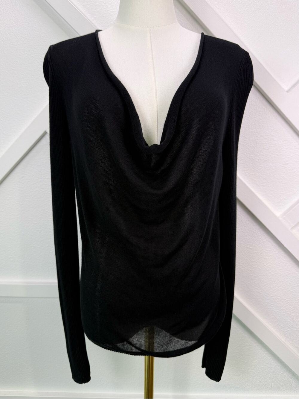 Eileen Fisher Black Tencel Rib Knit Drape Cowl Neck Sweater Top Size Small